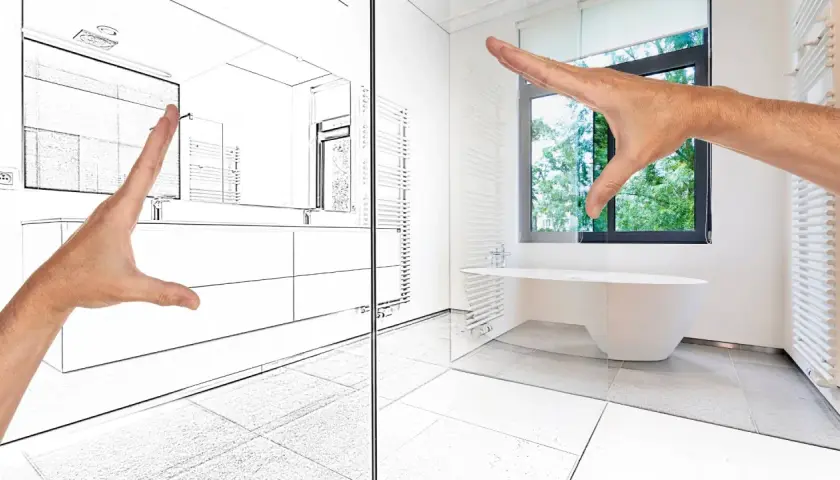 Avant/après d'une salle de bain moderne, respectant la norme salle de bain. Un croquis se transforme en réalité.