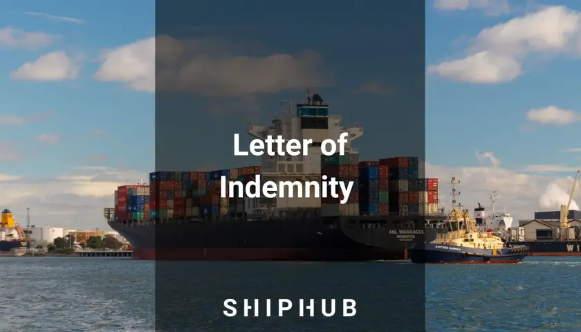 Ein Containerschiff mit dem Text "Letter of Indemnity" und "SHIPHUB" im Vordergrund.