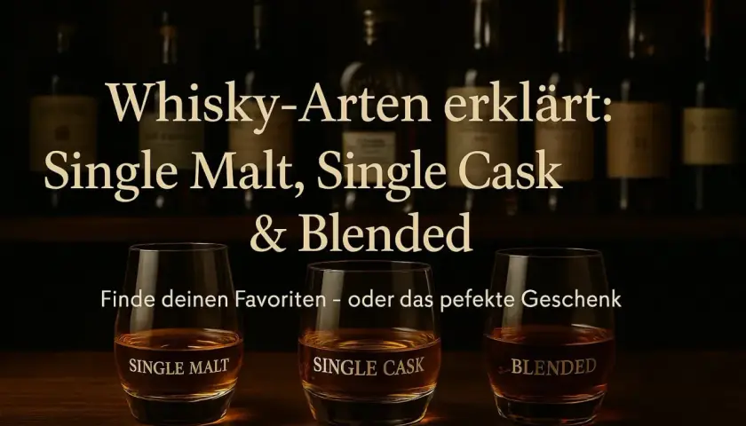 Drei Gläser mit Whisky: Single Malt, Single Cask und Blended. Erklärt den Unterschied zwischen Single Malt und Blended Whisky.