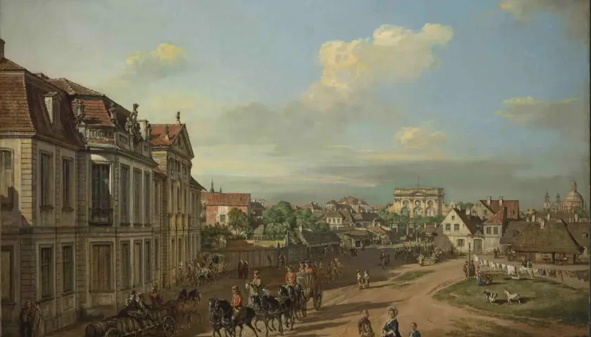 Ulica tętni życiem, wozy z beczkami i eleganckie karoce przemierzają trakt. Bernardo zwany Canaletto uchwycił gwar miasta i architekturę.