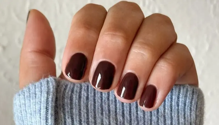 Mörka, glansiga naglar i en djupbrun nyans. Perfekt naglar inspiration för en elegant höstlook.