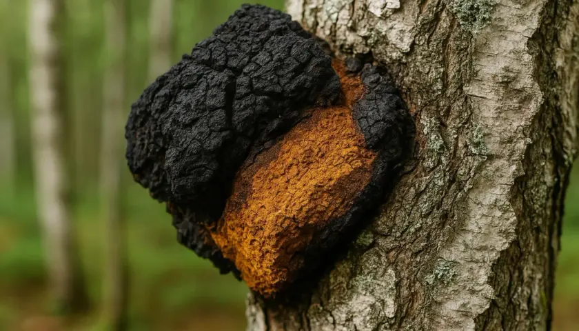 Czaga na brzozie, gotowa do zbioru i parzenia. Jej czarna, spękana powierzchnia kontrastuje z pomarańczowym wnętrzem.