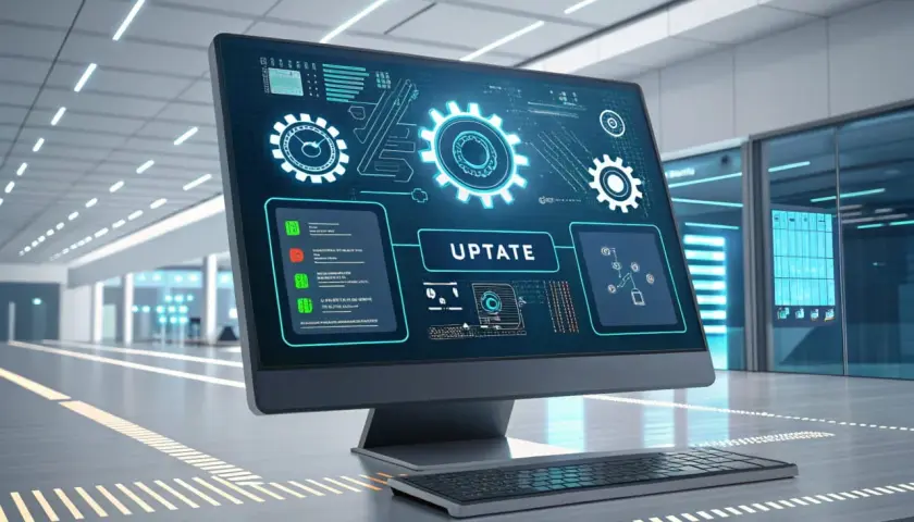 Ein Monitor zeigt technische Grafiken und das Wort "UPTATE". Dies illustriert, was ein BIOS-Update ist: eine Aktualisierung der grundlegenden Systemsoftware.