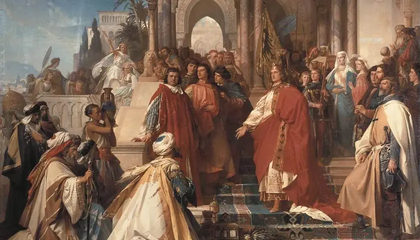 Federico II di Sicilia, incoronato e circondato da dignitari, riceve omaggi in un sontuoso palazzo.