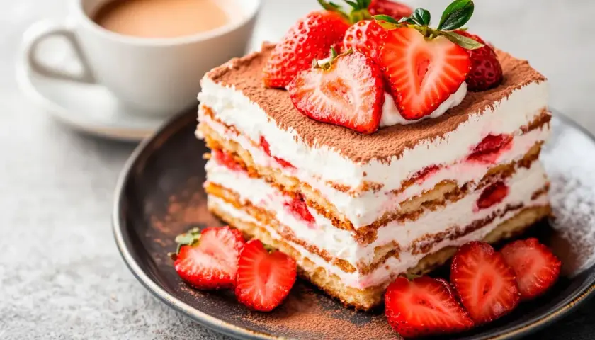 Pyszne tiramisu z truskawkami, idealne, gdy szukasz czegoś **co zamiast amaretto do tiramisu**. Podane z kawą.