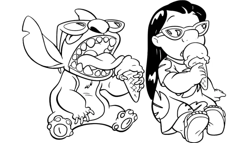 Lilo y Stitch disfrutan de helados con gafas de sol. Estos dibujos de Lilo capturan un momento dulce y divertido.