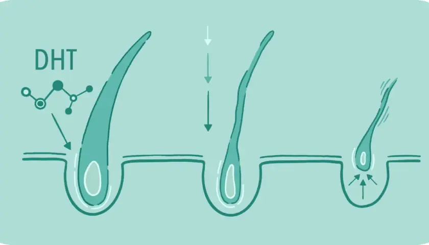 Illustration visar hur DHT påverkar hårsäckar, vilket leder till tunnare hår. Detta kan vara en orsak till håravfall hos dht kvinnor.