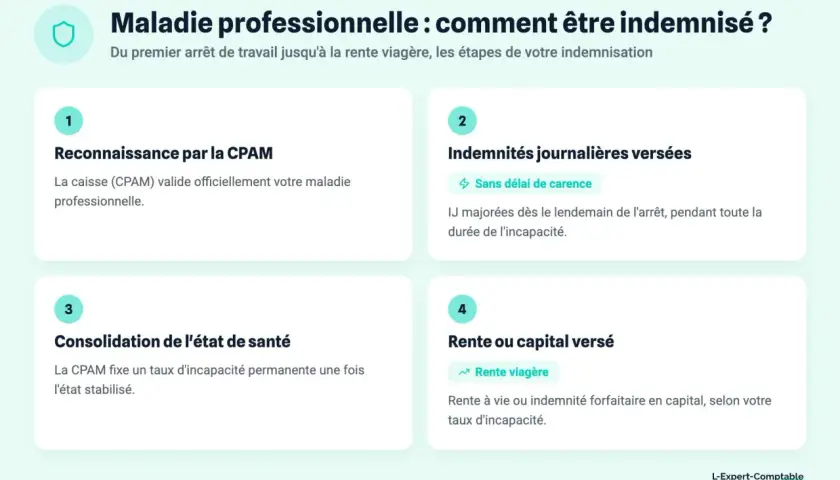 Maladie professionnelle reconnue : combien de temps pour être indemnisé ? Étapes : reconnaissance CPAM, indemnités journalières, consolidation, rente ou capital.