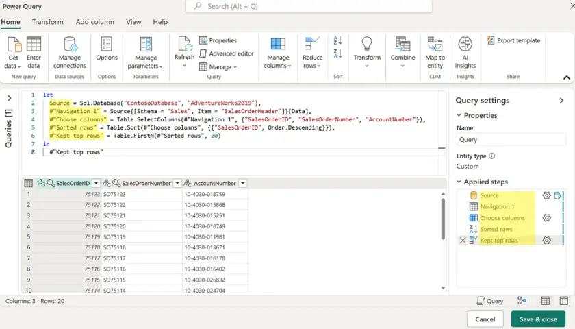 Interfaccia di Power Query con codice M per un corso Power BI gratis. Mostra i passaggi per selezionare, ordinare e filtrare dati.