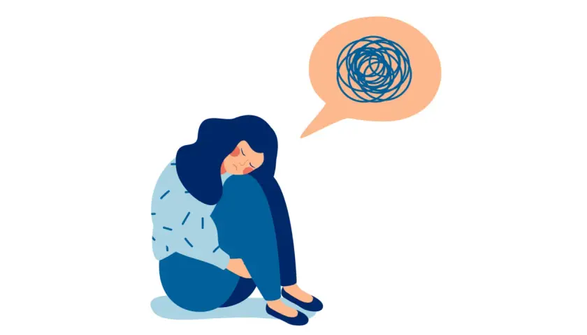 Ragazza accovacciata con pensieri confusi, simbolo di esami neurologici per depressione e ricerca di aiuto.