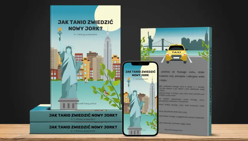 Przewodnik "Jak tanio zwiedzić Nowy Jork?" z ikonami Statuy Wolności i żółtej taksówki. Odkryj nowe jork ciekawostki i zaplanuj podróż.