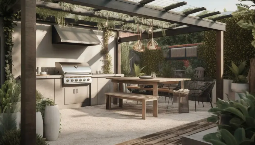Un coin barbecue couvert, idéal pour fabriquer un espace convivial. Grill, table en bois, et végétation luxuriante créent une ambiance chaleureuse.