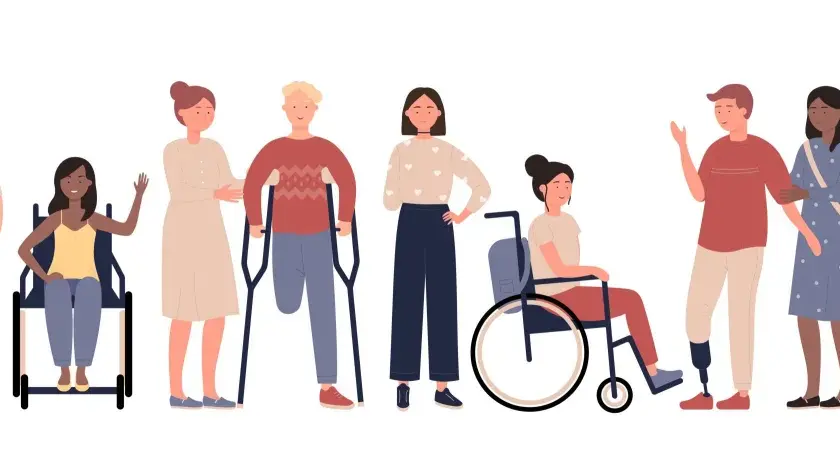 Un tableau illustrant la diversité des personnes, certaines en fauteuil roulant, d'autres avec des prothèses ou des béquilles, rappelant l'importance de la prise en compte des maladies professionnelles.