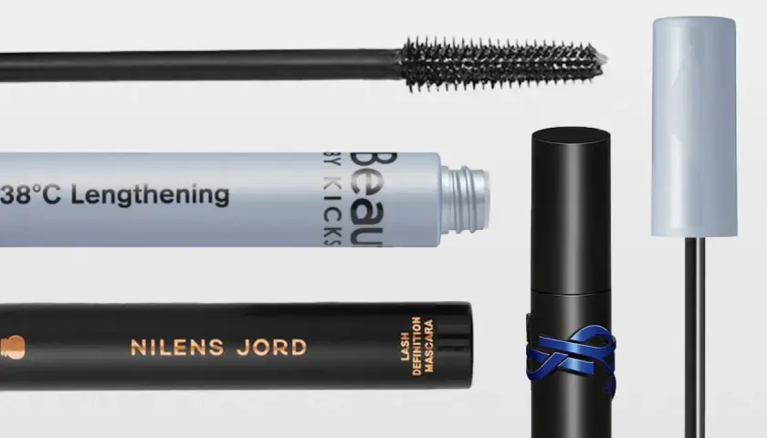 Tre mascaraborstar och tre mascaratuber. En blå med texten "38°C Lengthening", en svart med "NILENS JORD" och en svart med blått emblem. Perfekt för att ta bort vattenfast mascara.