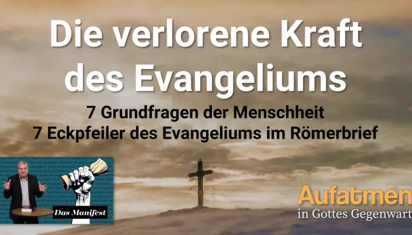 Die verlorene Kraft des Evangeliums: 7 Eckpfeiler im Römerbrief. Ein Mann spricht, ein Kreuz ragt auf. Was ist das Evangelium?