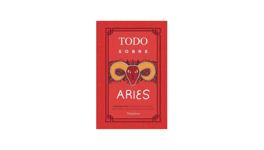 Portada de libro "Todo sobre Aries", con un carnero estilizado y texto sobre horóscopo diario Aries.