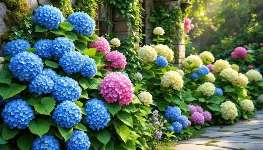 Un chemin pavé bordé d'hortensias bleus, roses et blancs éclatants, grimpant le long d'un mur de pierre couvert de végétation. La terre pour hortensia a permis cette floraison spectaculaire.
