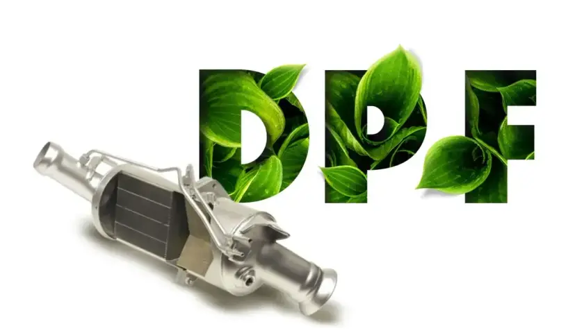 Metalowy element filtra cząstek stałych (DPF) obok napisu DPF z liśćmi.