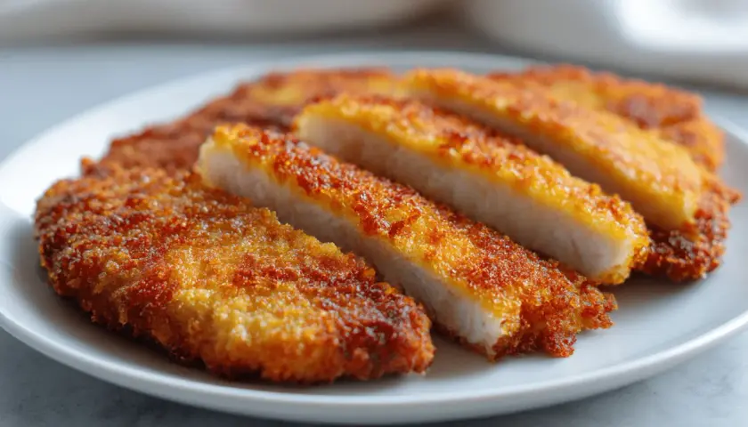 Chrupiące schabowe z airfryer na białym talerzu, pokrojone na kawałki, ukazujące soczyste wnętrze.