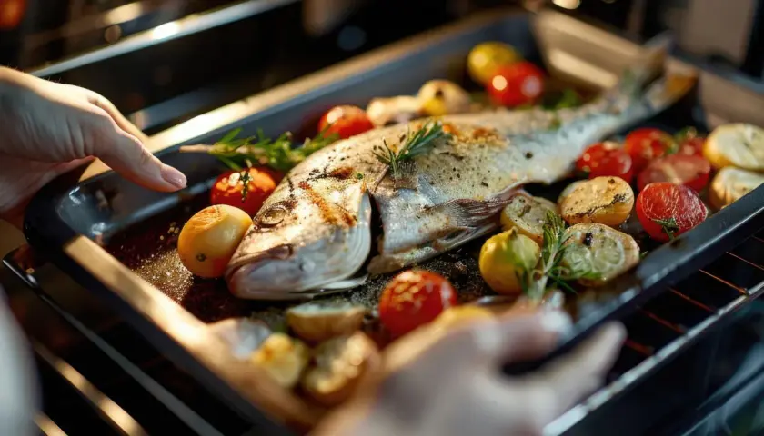 Manos colocando una bandeja con besugo al horno, tomates cherry, limones y romero dentro de un horno.