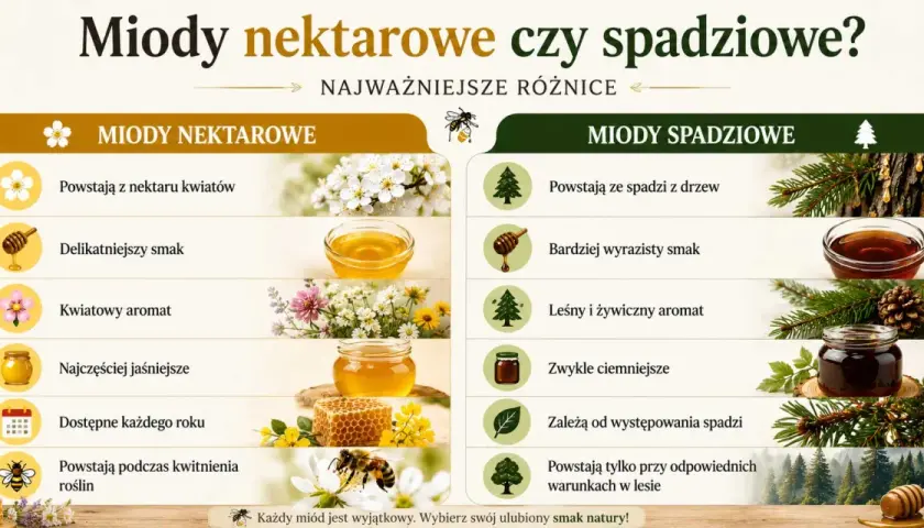 Porównanie miodów: nektarowe, delikatne, kwiatowe, jaśniejsze, dostępne co roku, kontra spadziowe, wyraziste, leśne, ciemniejsze, zależne od spadzi.