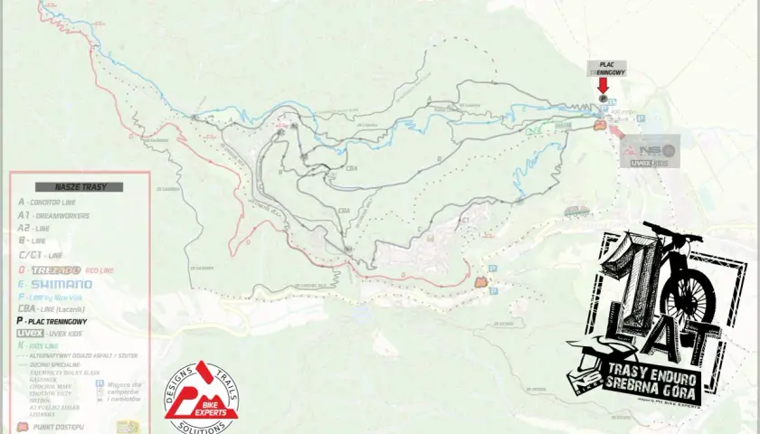 Mapa tras enduro Srebrna Góra by Kellys. Oznaczono linie A, B, C, D, E, F, CBA, plac treningowy i kids line.