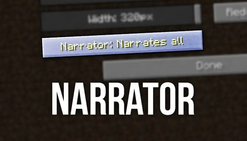 Ekran ustawień Minecraft z opcją "Narrator: Narrates all". Dowiedz się, jak wyłączyć narratora w Minecraft.