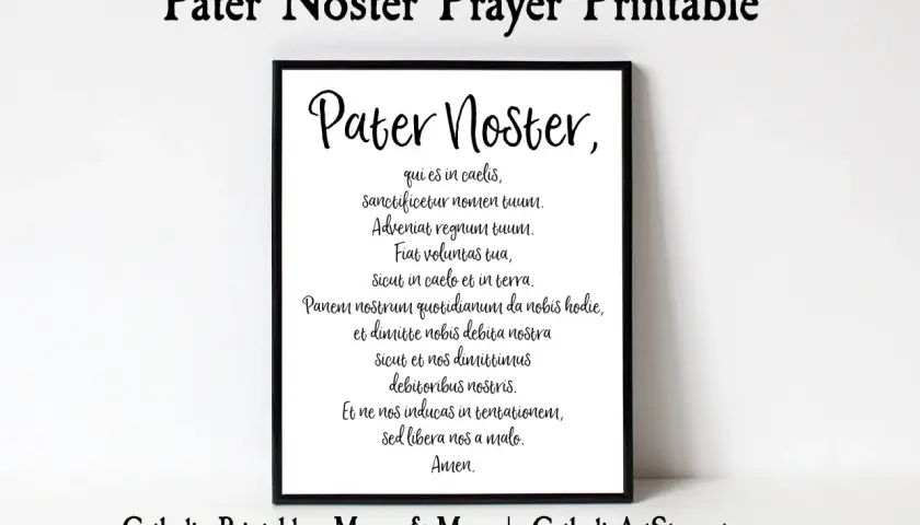Czarna ramka z tekstem "Pater Noster" po łacinie. Modlitwa "Ojcze nasz po łacinie" na białym tle.