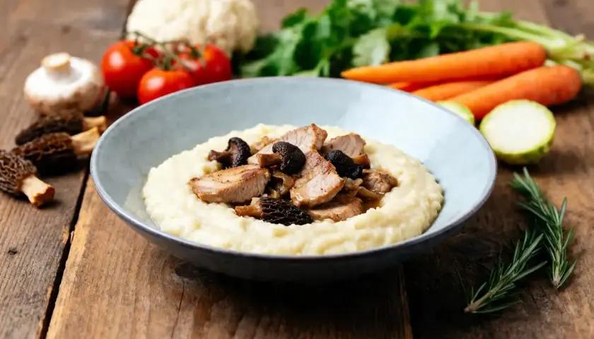 Ris de veau aux morilles sur une purée crémeuse. Quel accompagnement parfait pour ce plat ! Des légumes frais en arrière-plan.