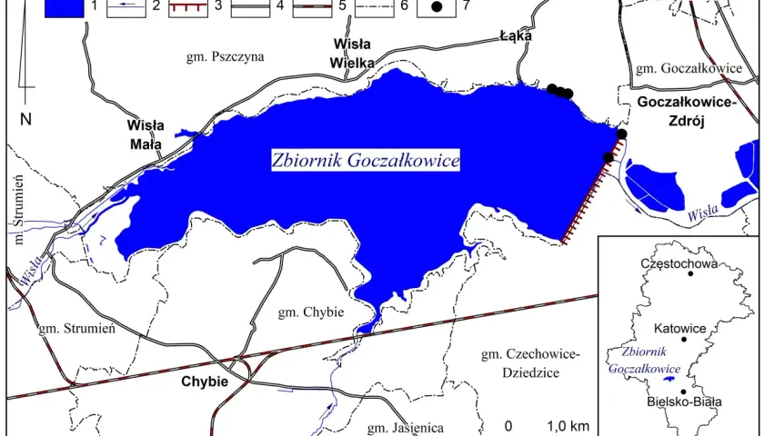 Mapa przedstawia Zbiornik Goczałkowice, otoczony przez gminy Pszczyna, Goczałkowice-Zdrój, Czechowice-Dziedzice i Chybie. Widoczna jest zapora Goczałkowice.