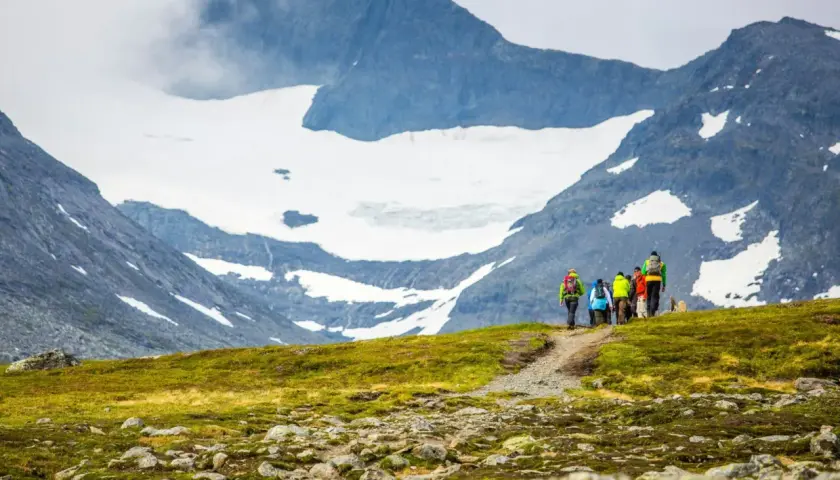 Vandringsgrupp på en grönskande sluttning med en glaciärklädd topptur i Sylarna i bakgrunden.