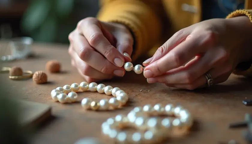 Hände fädeln Perlen auf, um Schmuck zu kreieren. Hier entstehen individuelle Perlen Ringe selber machen.