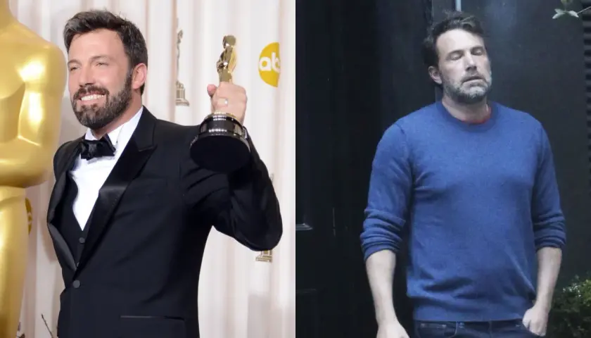 Ben Affleck z Oscarem i Ben Affleck w niebieskim swetrze. Ciekawe, ile lat ma Ben Affleck, patrząc na te zdjęcia.