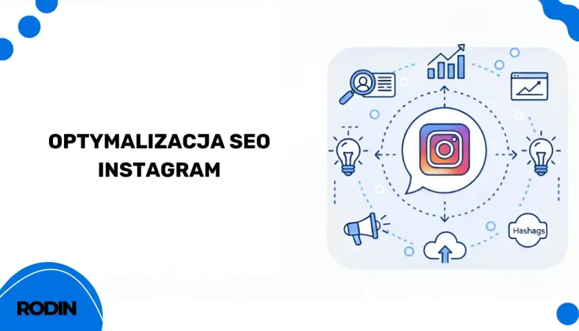 Optymalizacja SEO Instagram: ikona aplikacji, wykresy, żarówki, chmura, głośnik, lupa, hasztagi.