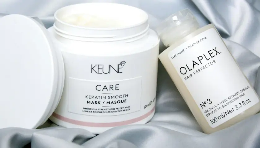 Keune Keratin Smooth Mask och Olaplex Hair Perfector. En bra hårinpackning för frissigt hår.