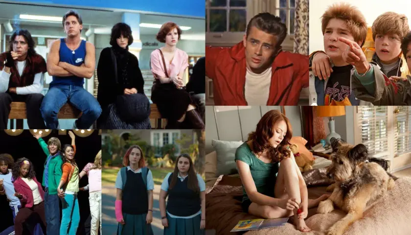 Kolaż scen z filmów, w tym z "The Breakfast Club", "Buntownika bez powodu" i "La La Land", prezentujący ikony kina, które mogłyby znaleźć się w rankingu 100 najlepszych filmów.