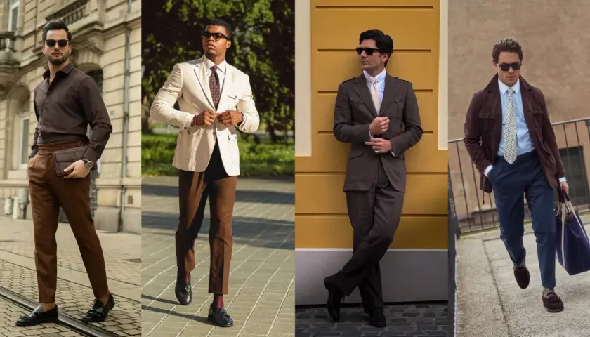 Eleganccy mężczyźni w stylizacjach w odcieniach **kolor mocca**. Od brązowych spodni i koszuli, po garnitur w tym samym kolorze i stylową kurtkę.