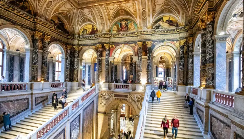 Grand staircase in Vienna's Kunsthistorisches Museum, a highlight of any 24 hours in Vienna visit.