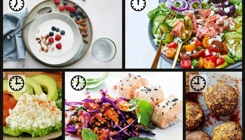 Fem bilder visar olika rätter som passar för antiinflammatorisk kost: yoghurt med bär, lax med sallad, keso med avokado, laxspett med linser och bollar med nötter.