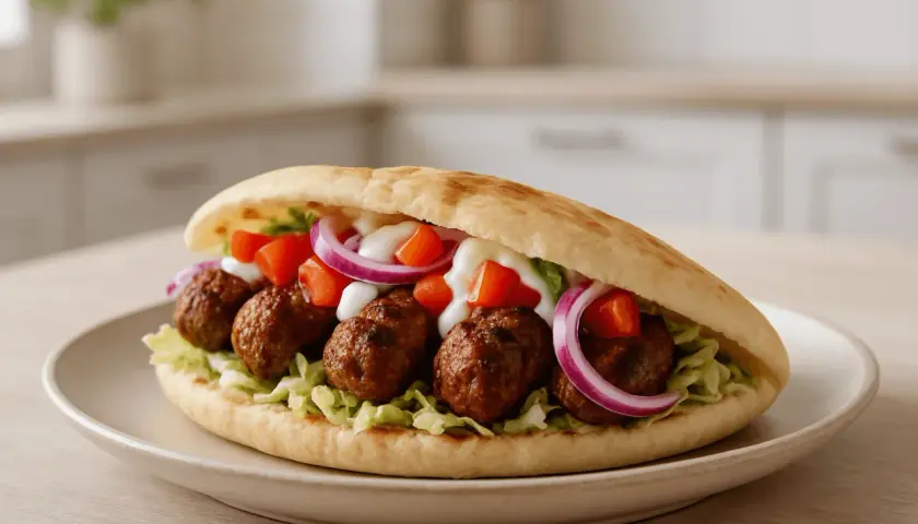 Pyszny kebab w picie z klopsikami, warzywami i sosem.