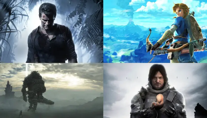 Kolaż z gier: Nathan Drake w dżungli, Link z łukiem, kolos z Shadow of the Colossus i Sam Porter Bridges z dzieckiem. To przygodowa gra akcji.