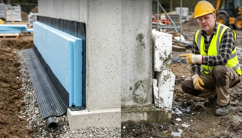 Prawidłowa izolacja płyty fundamentowej z XPS vs. uszkodzona, zawilgocona izolacja EPS.