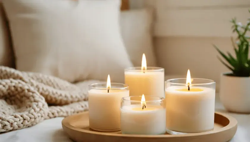 Velas encendidas en un plato de madera, rodeadas de mantas y cojines. Considera alternativas a la parafina, ya que la parafina es cancerígena.