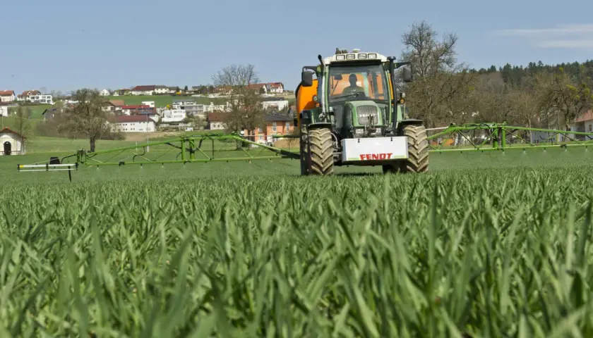Ein Fendt-Traktor fährt über ein Feld mit jungem Getreide. Die Sprühbalken sind ausgefahren. Bald ist die Zeit, wann wird weizen geerntet.
