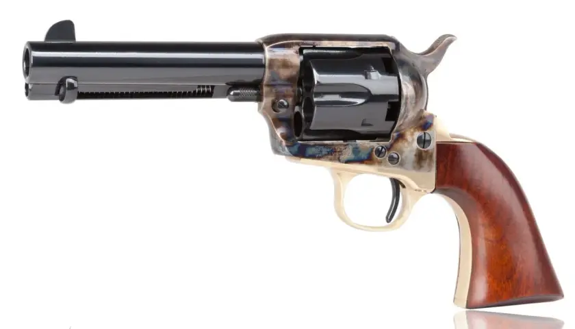 Rewolwer Colt Cattleman Inox z drewnianą rękojeścią, lufą i bębenkiem.