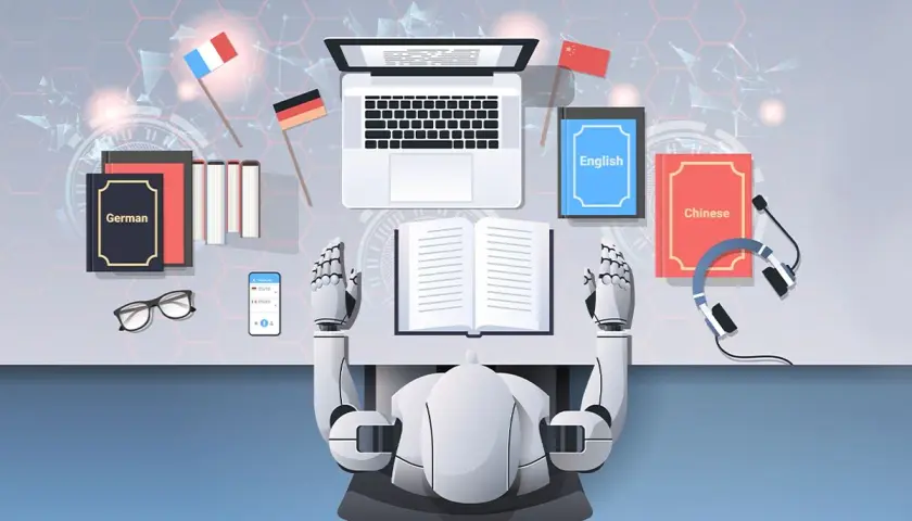 Robot z rękami nad otwartą książką, symbolizujący skutki wprowadzenia sztucznej inteligencji do korekty i tłumaczeń literackich. Obok flagi Francji, Niemiec, Chin, książki i słuchawki.