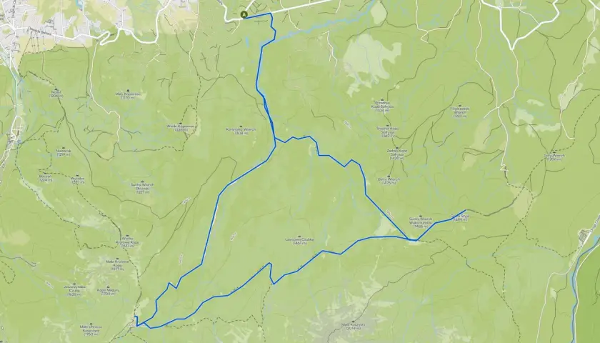 Mapa szlaków turystycznych w Poroninie. Trasa prowadzi przez malownicze tereny, oznaczając szczyty jak Nosal, Mały Kopieniec i Wielka Królowa Kopa.