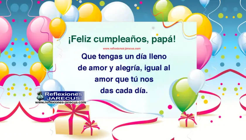 ¡Feliz cumpleaños, papá! Globos, regalos y confeti celebran tu día. Que esté lleno de amor y alegría, como el que tú nos das.