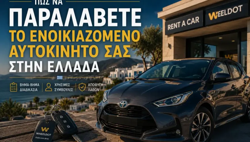 Car keys and a dark grey car parked outside a "Rent a Car" office. Learn about renting a car in Greece requirements.