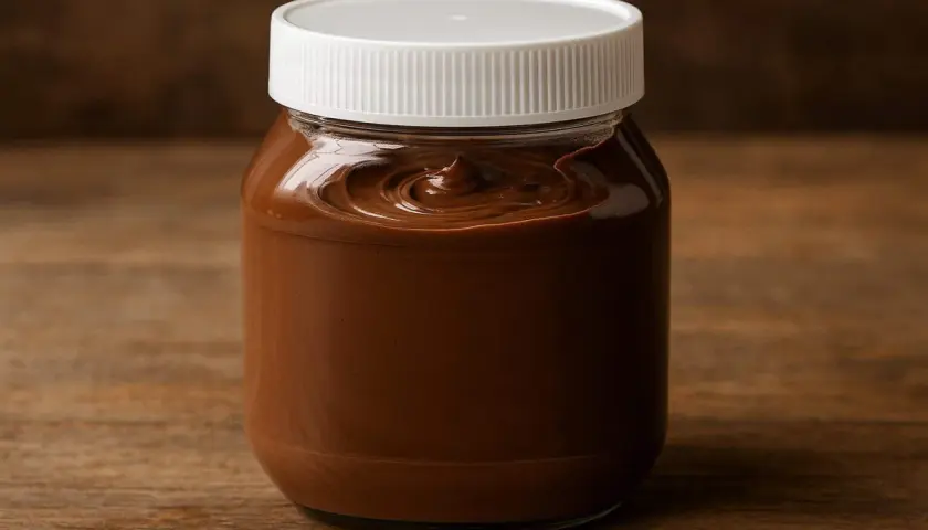 En burk med krämig chokladpålägg, perfekt för frukostmackan. Man kan nästan känna doften av nutella innehåll.